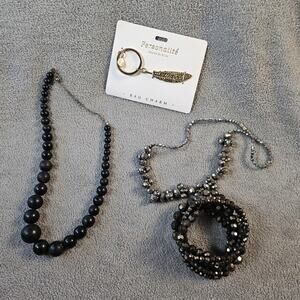 lot of 4 black and gold jewelry Gray Silver Feathers Necklace Bracelet Key Ring